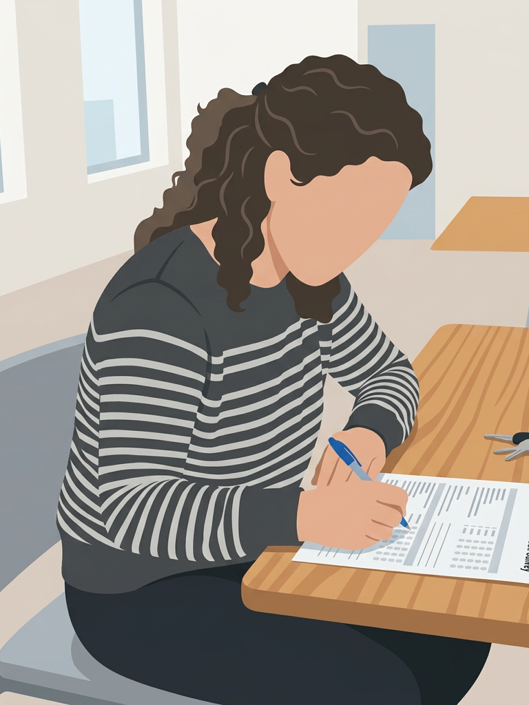 Woman sitting at table filling out community satisfaction survey form